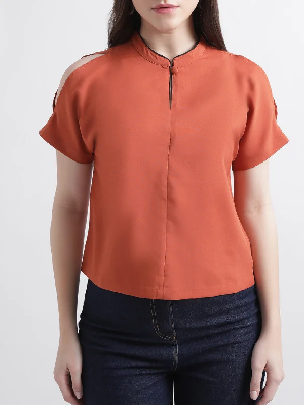 Women's Blouse with Boat CollarCentre Stage Women Rust Solid Band Collar Top