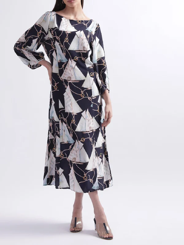 Women's Blouse with Shirt CollarGant Printed A-Line Midi Dress