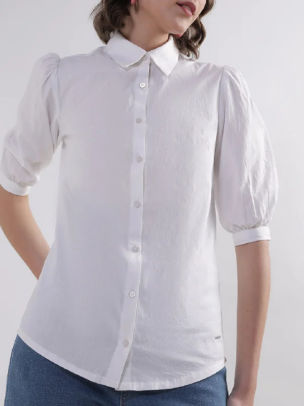 Women's Blouse with PatchesElle Women White Solid Collar Top