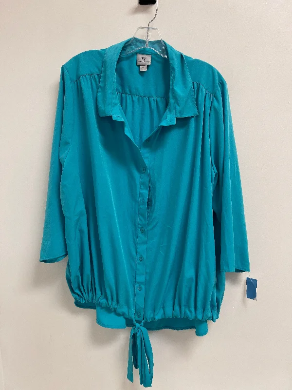 Women's Blouse with U-Shaped NeckBlouse Long Sleeve By Worthington In Blue, Size: 2x