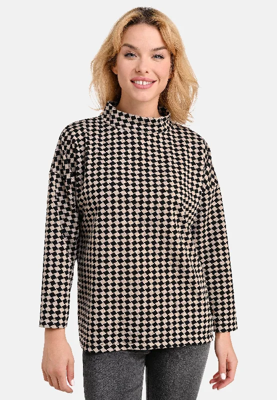 Women's Blouse with Asymmetrical HemChessboard High Neck Top