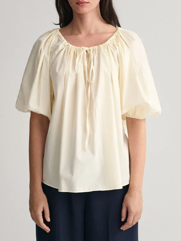 Women's Blouse for OfficeGant Round Neck Puff Sleeves Cotton Top