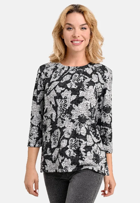 Women's Blouse with V-Shaped HemSoft Touch Floral Print Top