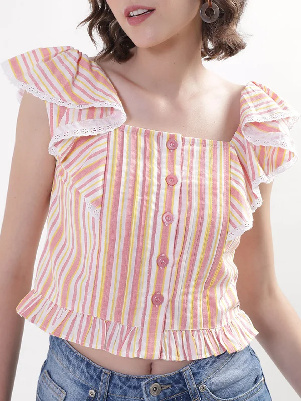 Women's Blouse with Square NeckElle Women Multi Striped Square Neck Top