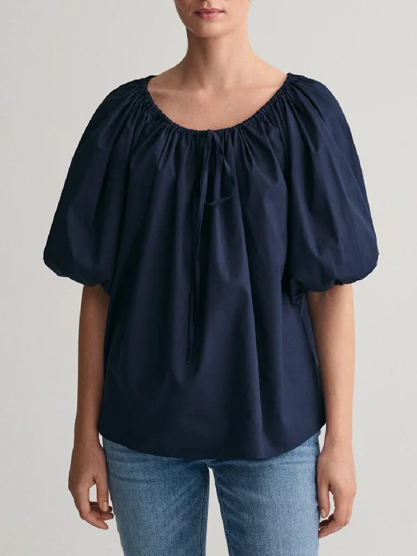 Women's Blouse with CollarGant Round Neck Puff Sleeves Cotton Top