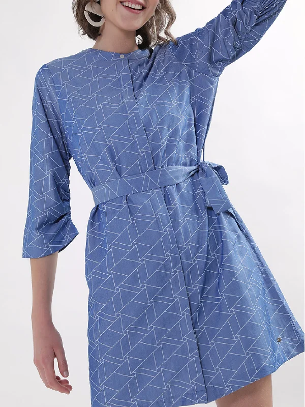 Women's Blouse with Shawl CollarElle Women Blue Printed Band Collar Dress