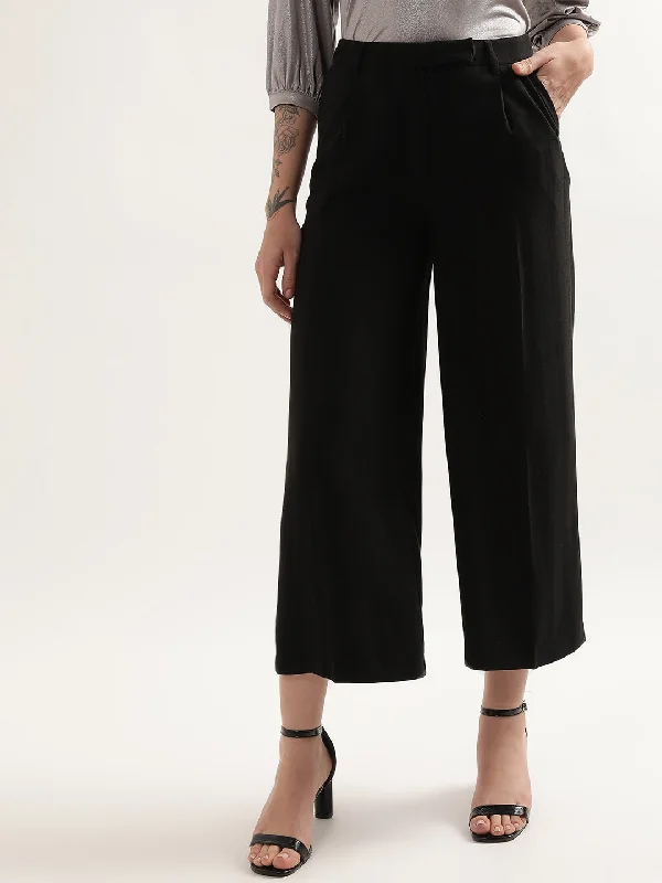 Women's Blouse with Sweetheart CollarCentre Stage Women Black Solid Flared Trouser