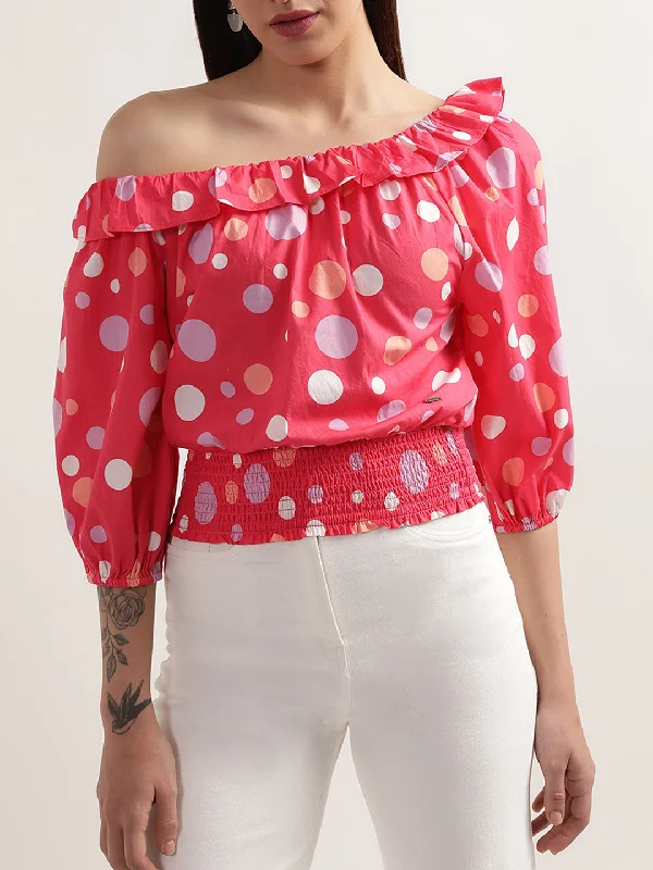 Women's Blouse with Bell SleevesElle Women Pink Printed Off Shoulde8907361408655r Top