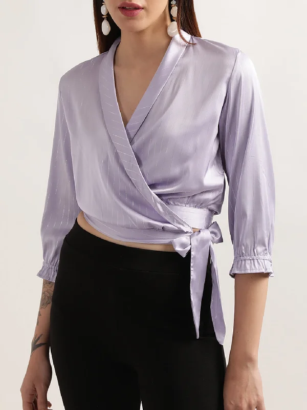 Women's Blouse with RufflesElle Women Lilac Solid V Neck Top