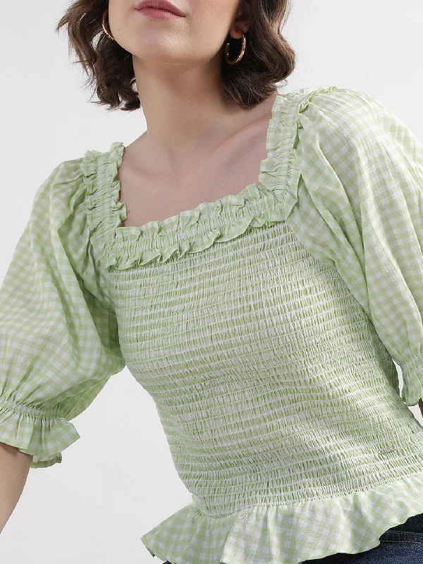 Women's Blouse with High CollarElle Women Green Checked Square Neck Top