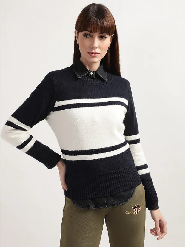 Women's Blouse with Mandarin CollarGant Women Navy Blue  White Colourblocked Wool Pullover