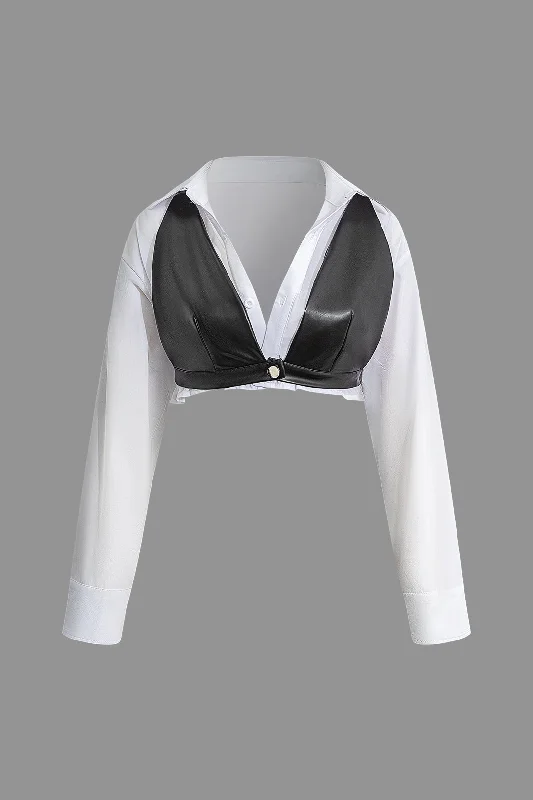 Women's Blouse with LaceSolid Pu Patchwork Color Block Long-Sleeve Shirt