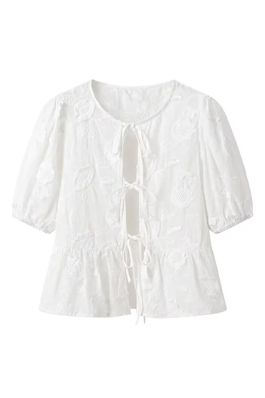 Women's Blouse with HoodSolid Bow Embroidery Tie-Up Short-Sleeve Shirt