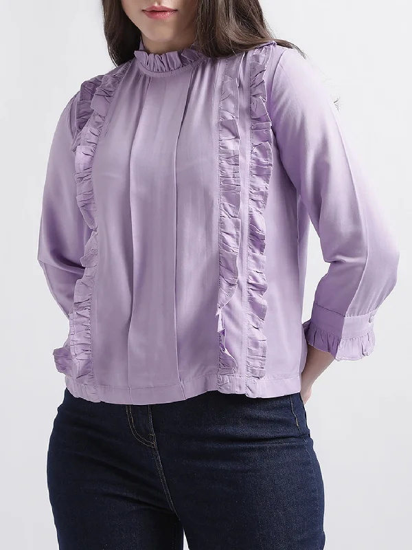 Women's Blouse with V-Shaped CollarCentre Stage Women Lilac Solid Band Collar Top