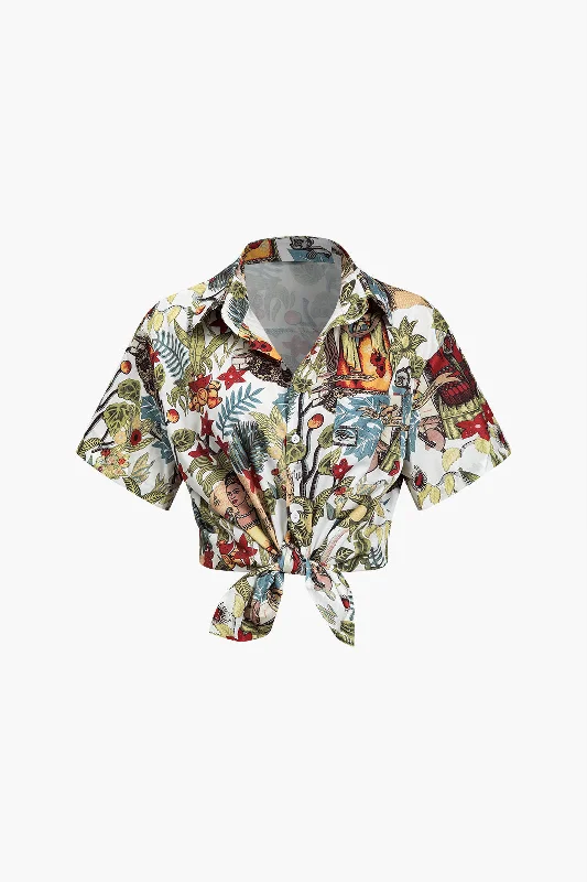 Women's Blouse with ZipperBoho Print Short-Sleeve Shirt