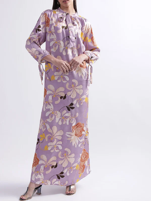 Women's Blouse with Mandarin CollarGant Floral Print Tie-Up Neck Maxi Dress