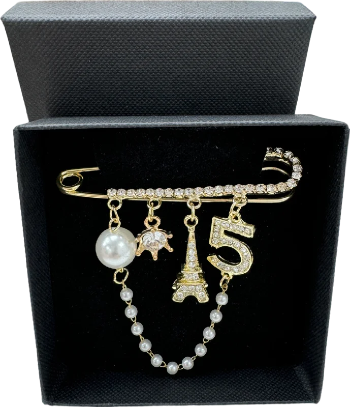 Women's Keyhole Neck SweatersNo.5 Gold Crystal Embellished Charm Brooch In Gift Box One Size