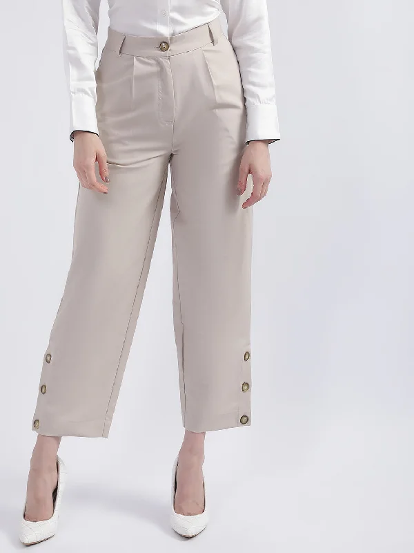 Women's Blouse with Narrow CollarCentre Stage Women Beige Solid Straight Fit Trouser