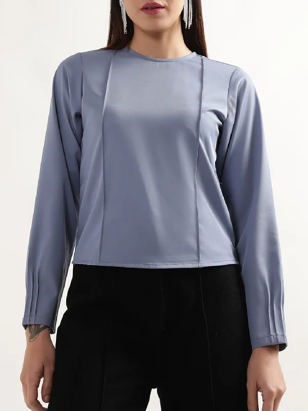 Women's Blouse with Mid-LengthCentre Stage Women Blue Solid Round Neck Top