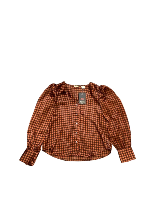 Women's Blouse with Collarless NeckBlouse Long Sleeve By Levis In Black & Orange, Size: S