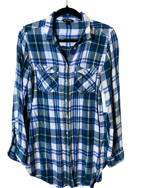 Women's Blouse with Peter Pan CollarBlouse Long Sleeve By Express In Plaid Pattern, Size: L