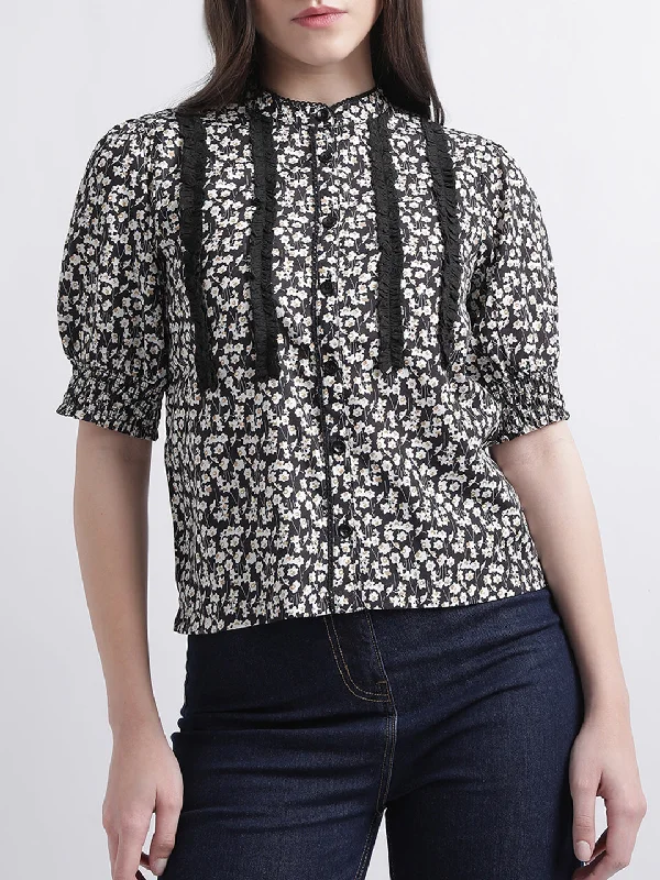 Women's Blouse with U-Shaped CollarCentre Stage Women Multi Band Collar Printed Top