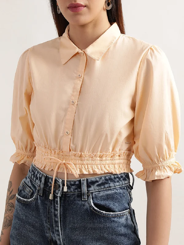 Women's Blouse with Mandarin CollarElle Women Peach Solid Collar Top