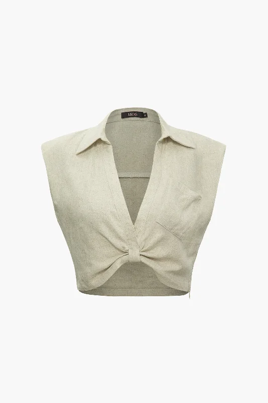 Women's Blouse with PleatsLinen V-neck Twist Hem Sleeveless Top