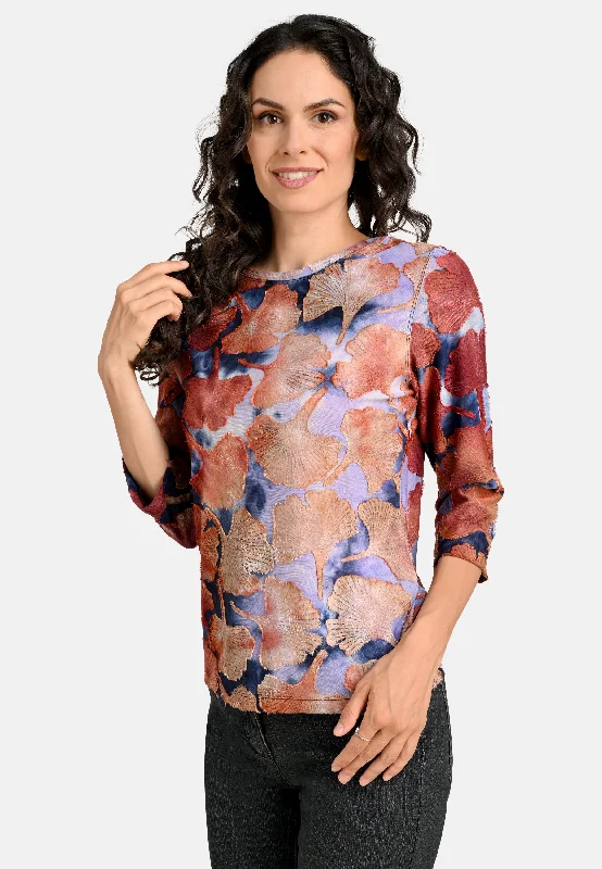 Women's Blouse with V-Shaped CollarTie Dye Leaf Print Top