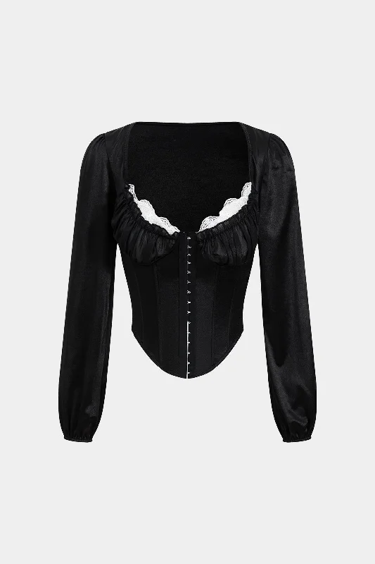 Women's Blouse with Long SleevesSatin Button Patchwork Corset Long-Sleeve Shirt