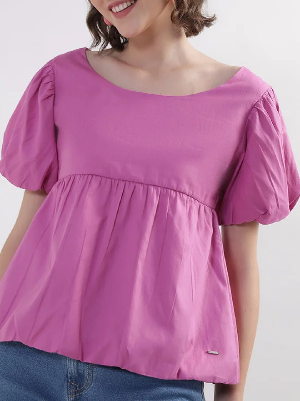 Women's Blouse with Square CollarElle Women Pink Solid Round Neck Top