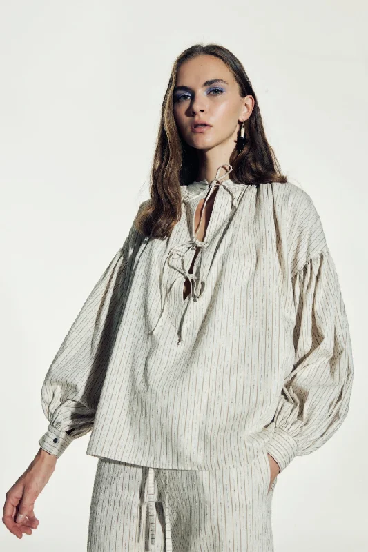 Women's Blouse with Fur TrimEve Striped Linen Shirt in Walnut