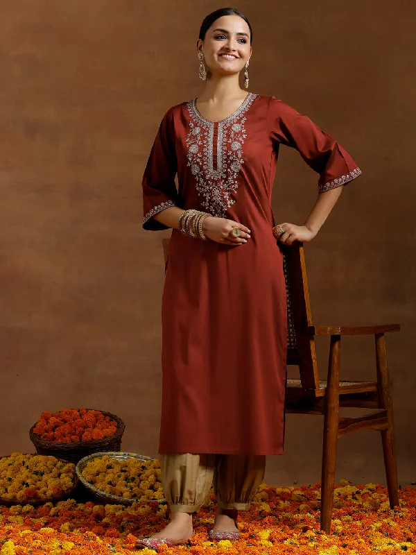 Women's Jumpsuits with Full LengthMaroon Embroidered Silk Straight Kurta