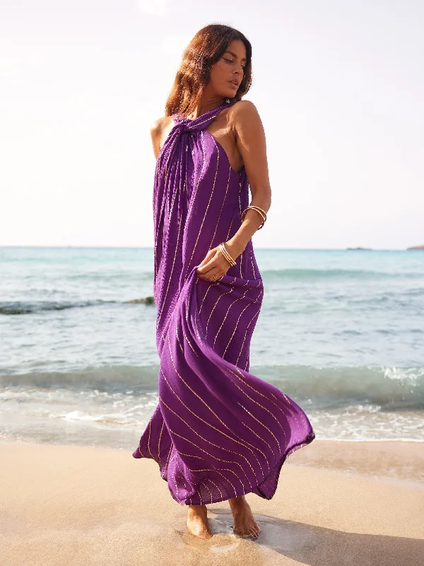 Women's Low Collar DressesPurple Lurex Twist Neck Maxi Dress