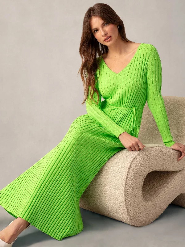 Women's Fit and Flare DressesLime Wide Rib Knit V-Neck Maxi Dress