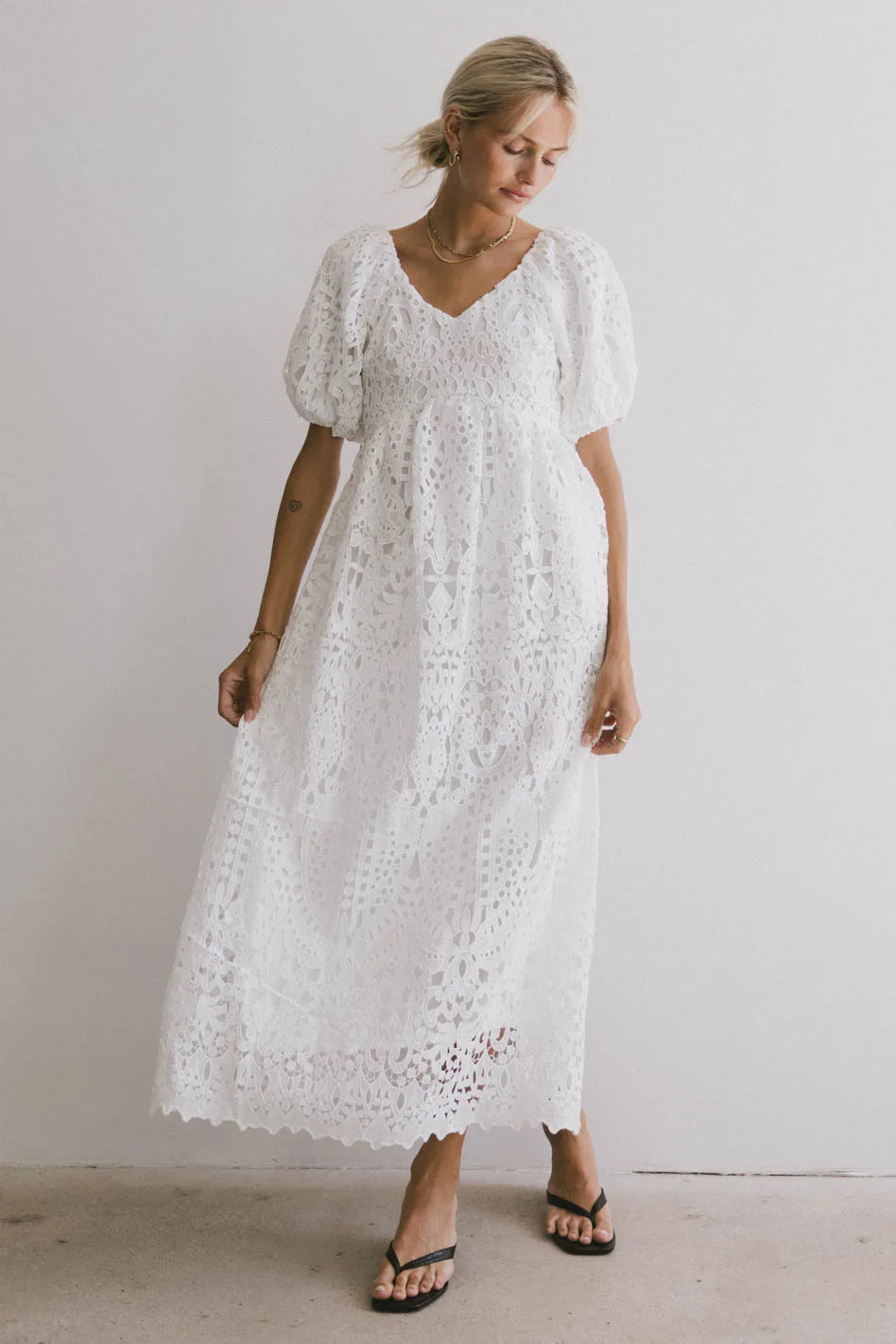 Women's Rounded Collar DressesDevon Eyelet Lace Maxi Dress in Ivory