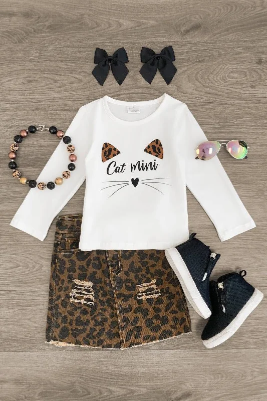 Women's Mandarin Collar Dresses"Cat Mini" Cheetah Denim Skirt Set