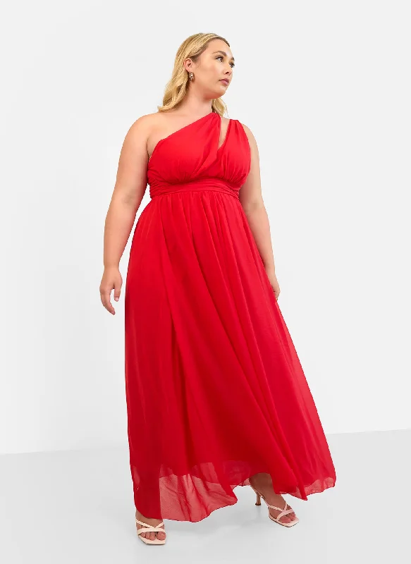 Women's Sweetheart Collar DressesGeorgia Chiffon One Shoulder Maxi A Line Dress - Red