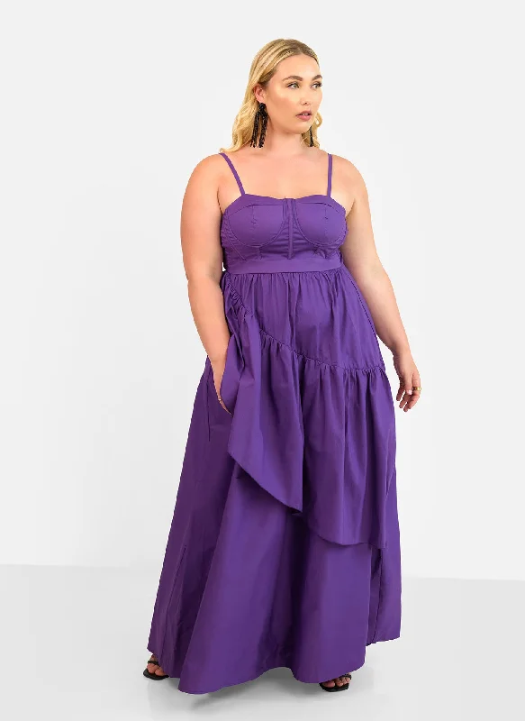 Women's Boat Collar DressesViolette Poplin Corset Ruffle Maxi A Line Dress - Plum