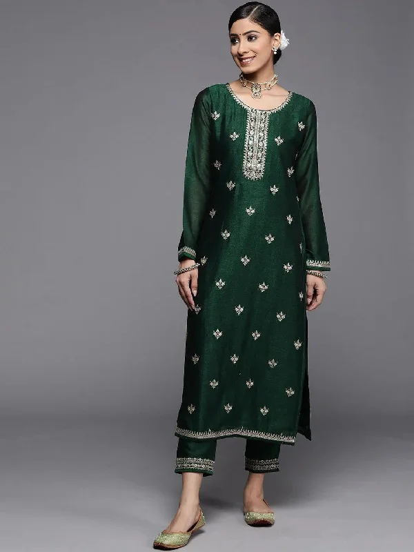 Women's Jumpsuits with Flared LegGreen Yoke Design Silk Kurta