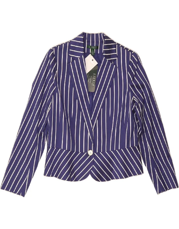 Women's Bomber CoatsRALPH LAUREN Womens 1 Button Blazer Jacket US 12 Large Blue Striped Cotton