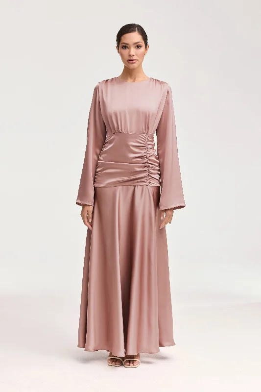 Women's Keyhole Collar DressesShams Satin Side Rouched Maxi Dress - Dusty Rose