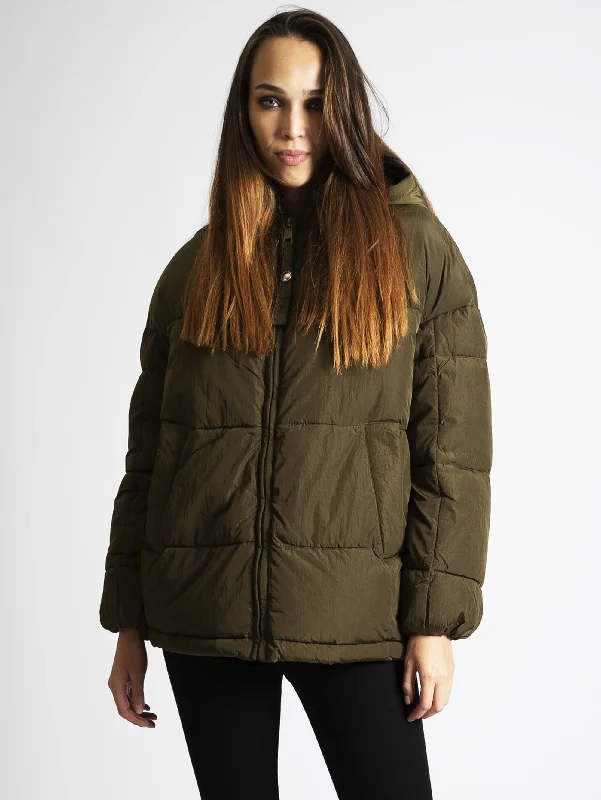 Women's Coats with Fur Trimmed ZipperPiumino Corto Over Fit Verde oliva