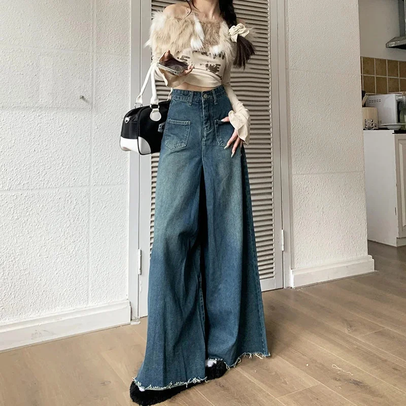 Women's Mandarin Collar SkirtsWide-Legged Trousers Female New Burlap Design Versatile Loose Thin Skirt Jeans