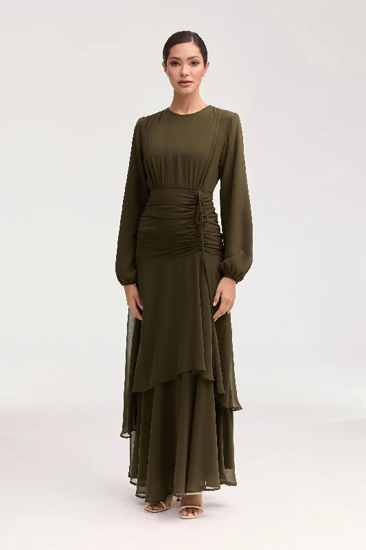 Women's Cap-Sleeve DressesNarjis Side Rouched Maxi Dress - Olive