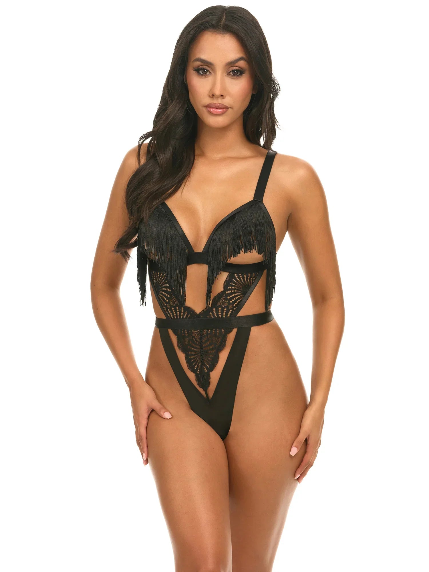 eco-friendly bamboo fiber lingerieAnnika Open Cup Teddy with Fringe Detail In Black - Oh La La Cheri