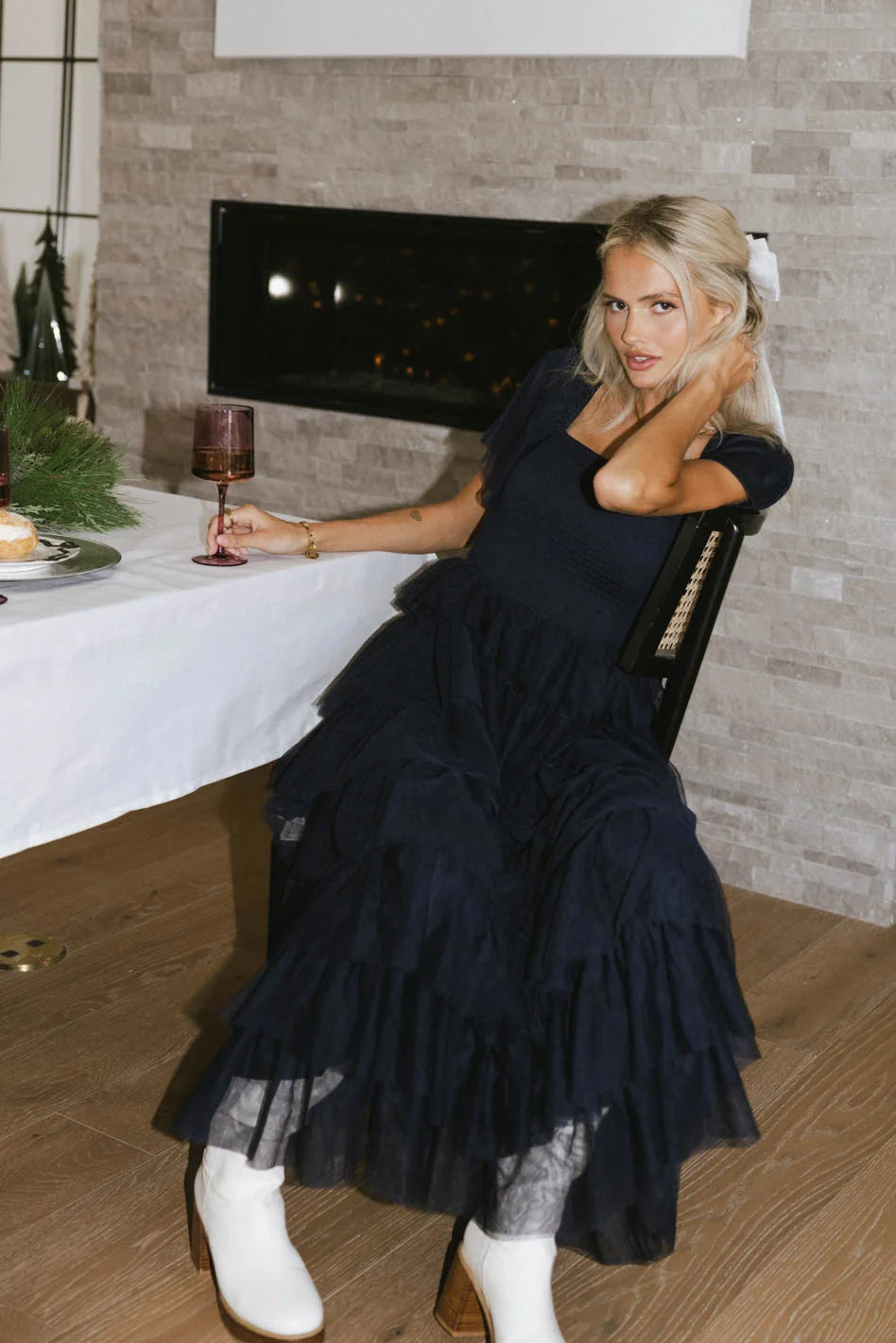 Women's Lapel Collar DressesMia Tulle Maxi Dress in Navy