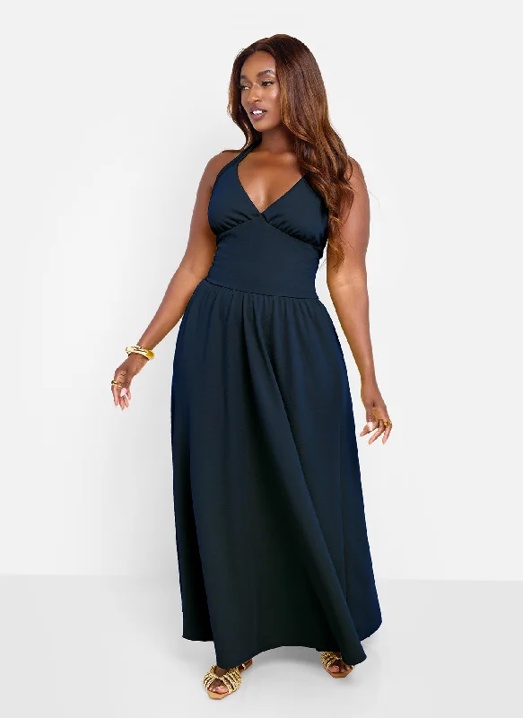 Women's V-Shaped Collar DressesIsabella Halter Skater Maxi Dress - Black