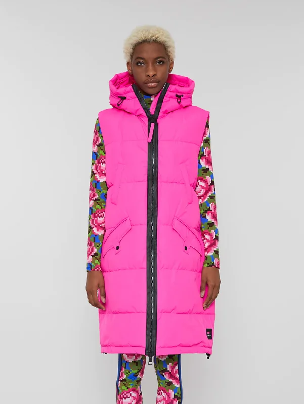 Women's Coats with Fur Trimmed BeltGilet Lungo Imbottito Fucsia Fluo