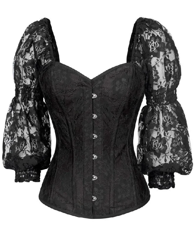 plus-size wireless mastectomy brasShayk Lace Overlay Black Overbust Corset with Attached Sleeve